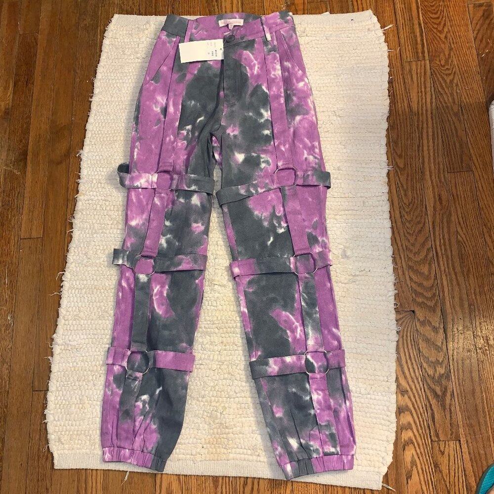 NWT Y2K TIE DYE BUCKLED O RING CARGO UTILITY PANTS PUNK RAVE ROCK s